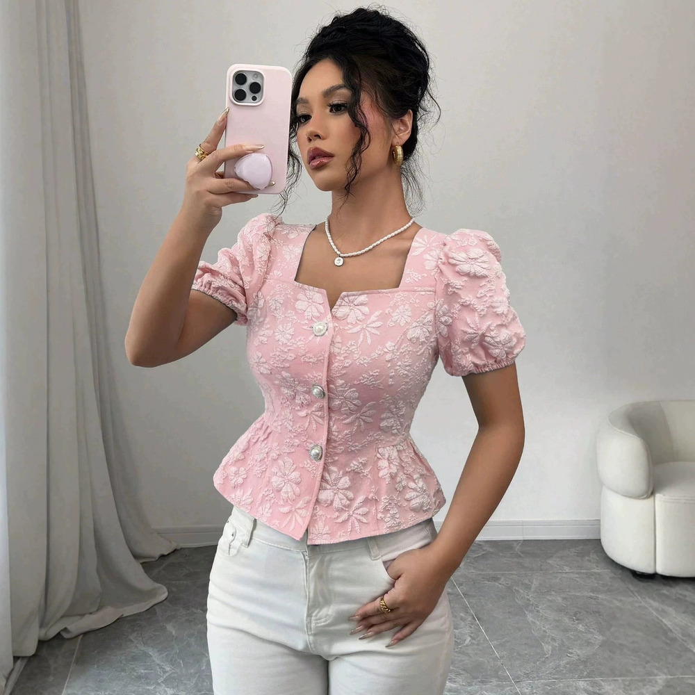 Forever 21 Elegant Casual Square Neck Puff Sleeve Short-Sleeve Sweet Blouse